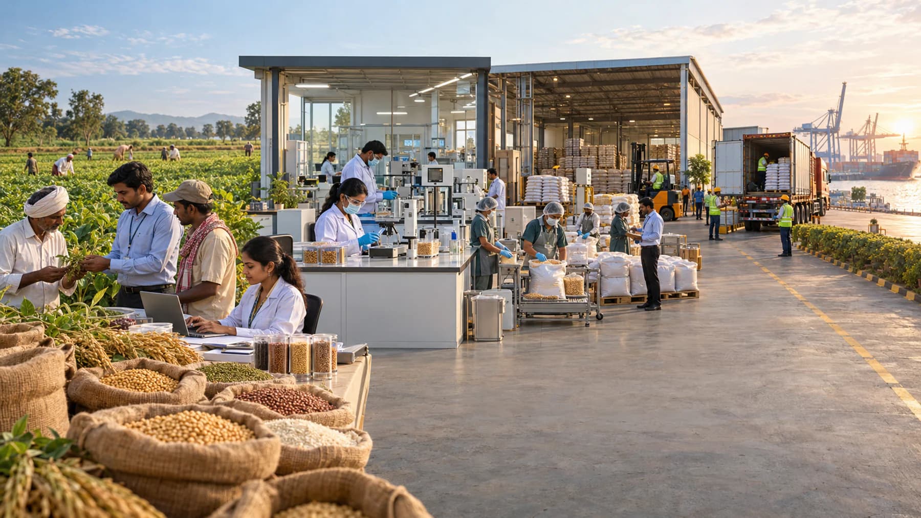 Indian agro-trade lifecycle from crop sourcing and documentation through quality verification, packaging, warehousing, and delivery