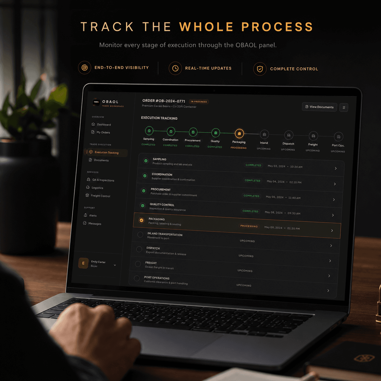 OBAOL panel tracking a Black Pepper export order